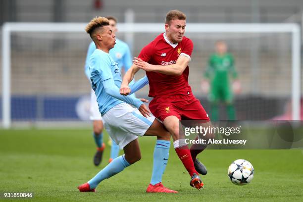 Herbie Kane of Liverpool and Felix Nmecha of Manchester City during the UEFA Youth League Quarter-Final between Manchester City and Liverpool at...
