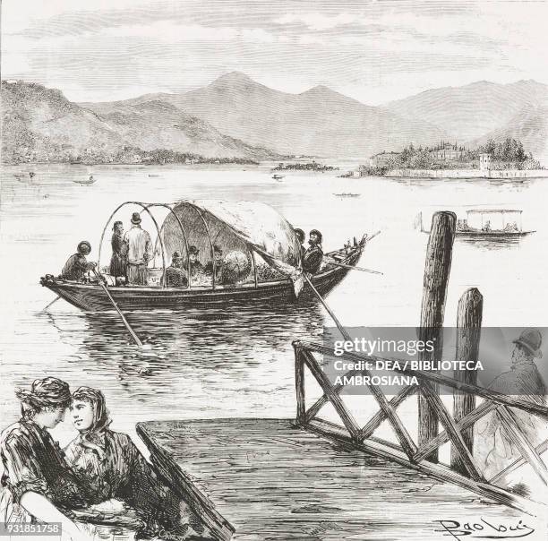 Victoria, Queen of United Kingdom, departing for a visit to the Borromean Islands during her stay in Baveno on Lake Maggiore Italy, drawing by Dante...