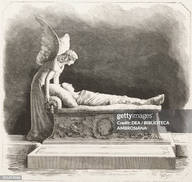 Monument to Count Galeazzo Massari, by Giulio Monteverde , Ferrara, Emilia Romagna, Italy, drawing by Dante Paolocci , engraving from L'Illustrazione...