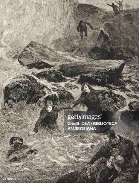 The gallant rescue by mrs Wright and miss Jessie Ace of men of the Mumbles lifeboat, at Mumbles Head, near Swansea, United Kingdom, illustration from...