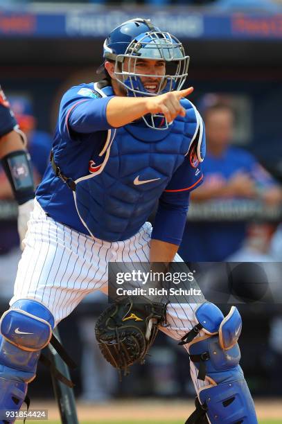 Travis d'Arnaud of the New York Mets in action during a spring training game against the Houston Astros at First Data Field on March 6, 2018 in Port...