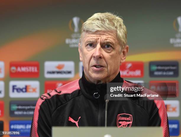 Arsenal manager Arsene Wenger attends a press conference at London Colney on March 14, 2018 in St Albans, England.