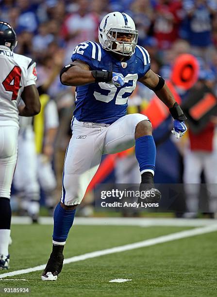 Cody Glenn of the Indianapolis Colts celebrates a sack during the NFL game against the Houston Texans at Lucas Oil Stadium on November 8, 2009 in...