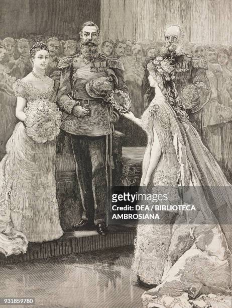The Konigin Minne presenting the Imperial princess with a silver wreath, the silver wedding of the Imperial Prince and Princess of Germany,...