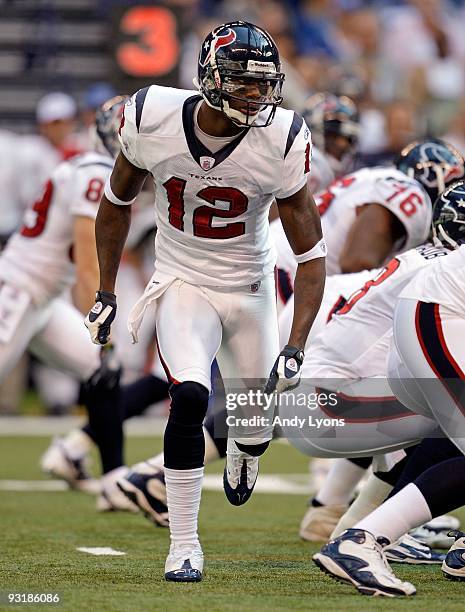 Jacoby Jones of the Houston Texans is pictured during the NFL game against the Indianapolis Colts at Lucas Oil Stadium on November 8, 2009 in...