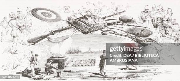 Provisions on the heath, target practice at Busto Arsizio Italy, from a sketch by Luciano, engraving from L'Illustrazione Italiana, Year 6, No 23,...