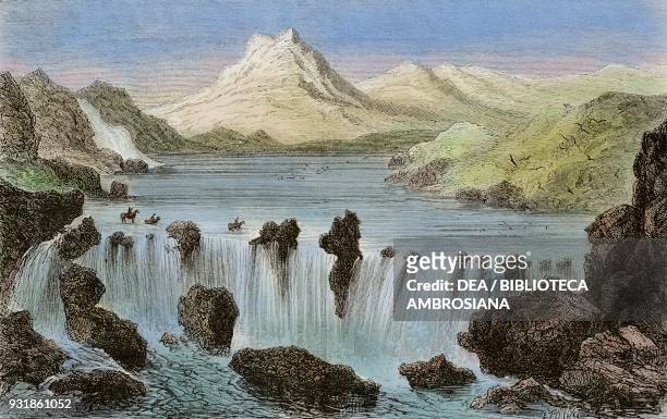 Fording the Bruaura, drawing by Jules Noel from the author's album, from Travels in the Icelandic interior by Natale Nogaret from Il Giro del mondo ,...