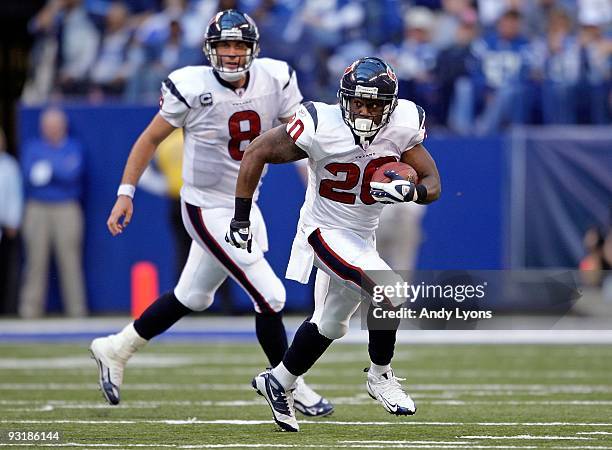 Steve Slaton of the Houston Texans runs with the ball during the NFL game against the Indianapolis Colts at Lucas Oil Stadium on November 8, 2009 in...