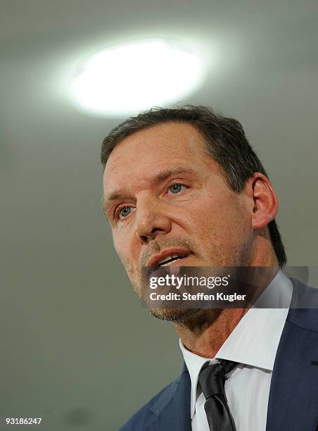 Actor Ralf Moeller is pictured during a short press conference at Bendlerblock on November 18, 2009 in Berlin, Germany. Guttenberg thanked Moeller...