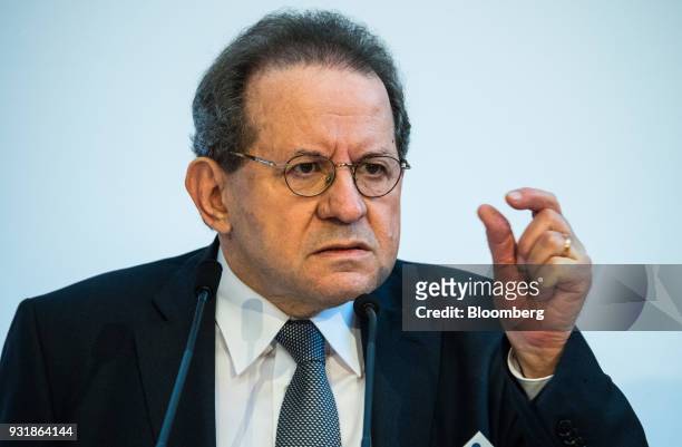 Vitor Constancio, vice president of the European Central Bank , gestures while speaking at the 'ECB and its Watchers' conference in Frankfurt,...