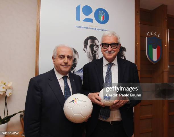 Commissioner Massimo Fabbricini and Francesco Cognetti pose during the FIGC press conference '120th Anniverary' of the Italian Football Federation on...