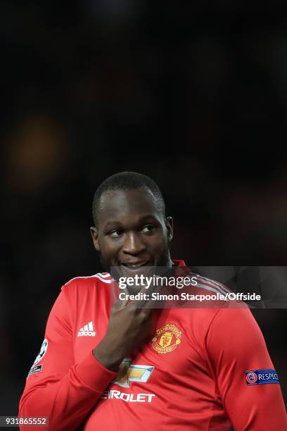 Romelu Lukaku of Man Utd looks on ahead of the UEFA Champions League Round of 16 Second Leg match between Manchester United and Sevilla FC at Old...