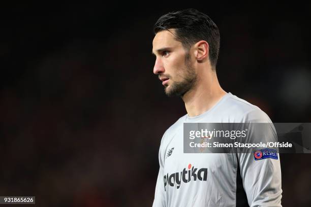 Sevilla goalkeeper Sergio Rico looks on during the UEFA Champions League Round of 16 Second Leg match between Manchester United and Sevilla FC at Old...