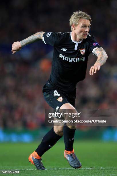 Simon Kjaer of Sevilla in action during the UEFA Champions League Round of 16 Second Leg match between Manchester United and Sevilla FC at Old...