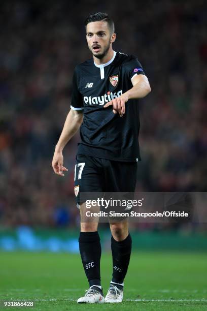 Pablo Sarabia of Sevilla looks on during the UEFA Champions League Round of 16 Second Leg match between Manchester United and Sevilla FC at Old...