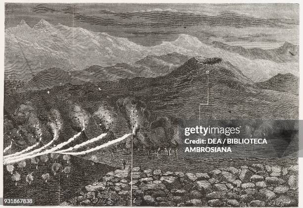 First group of eruptive vents formed 1950 metres at the base of Monte Nero during the Mount Etna eruption, according to the observations by Professor...