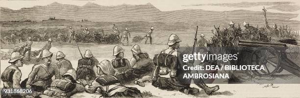 British Pioneers cutting down bushes to build a zeriba round the square, the night before the battle of Tamasi, Sudan, Mahdist War, illustration from...