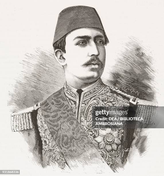 Portrait of Muhammad Tewfik Pasha , khedive of Egypt and Sudan from 1879 to 1892, from a photograph by Calamita, engraving by Centenari from...