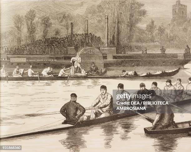 On the starting line, Oxford and Cambridge boat-race, United Kingdom, illustration from the magazine The Graphic, volume XXIX, n 749, April 5, 1884....