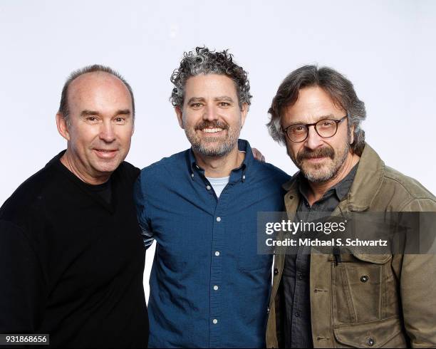 Comedians Jimmy Burns, Ryan Singer and Marc Maron pose during their appearance at The Ice House Comedy Club on March 11, 2018 in Pasadena, California.