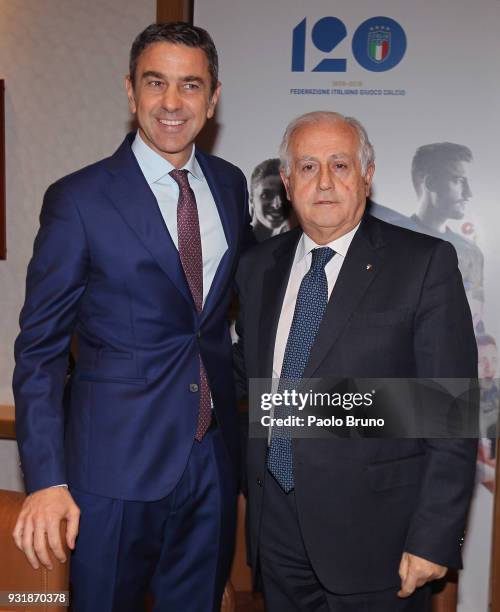 Commissioner Massimo Fabbricini and FIGC Vice Commissioner Alessandro Costacurta pose with Italy jersey during the FIGC press conference '120th...