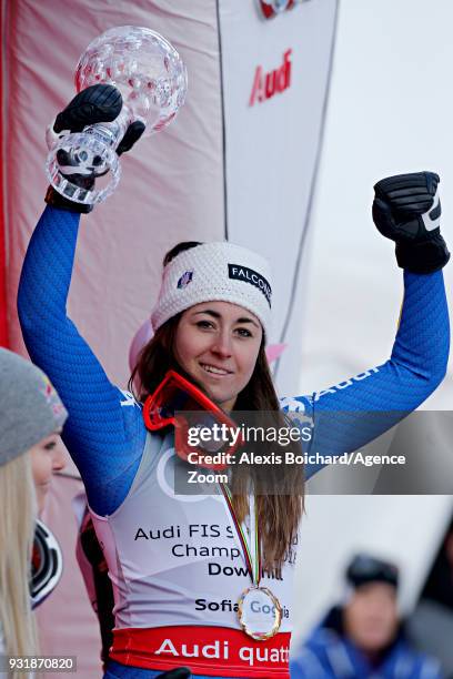 Sofia Goggia of Italy wins the globe in the women downhill standing during the Audi FIS Alpine Ski World Cup Finals Men's and Women's Downhill on...