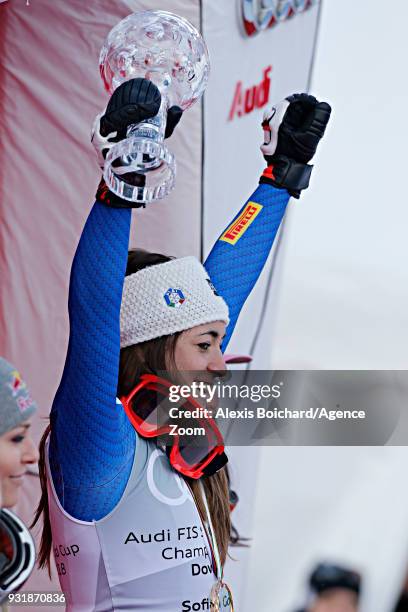 Sofia Goggia of Italy wins the globe in the women downhill standing during the Audi FIS Alpine Ski World Cup Finals Men's and Women's Downhill on...