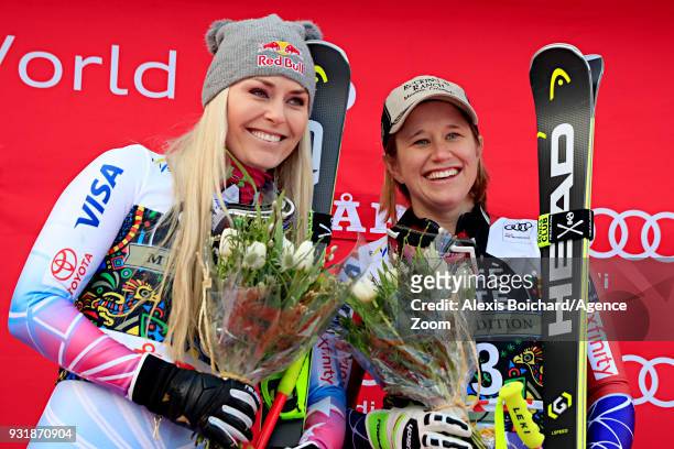 Lindsey Vonn of USA takes 1st place, Alice Mckennis of USA takes 3rd place during the Audi FIS Alpine Ski World Cup Finals Men's and Women's Downhill...