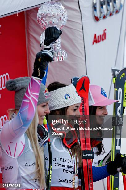 Lindsey Vonn of USA takes 2nd place, Sofia Goggia of Italy wins the globe in the women downhill standing, Alice Mckennis of USA takes 3rd place...