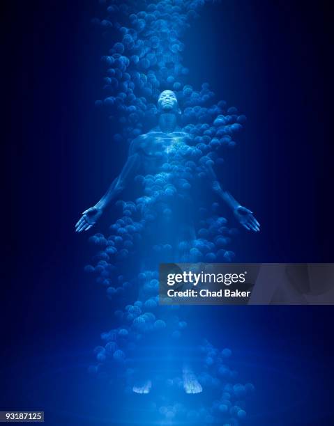 ilustrações, clipart, desenhos animados e ícones de wireframe of a man surrounded by dna and light - floating on water