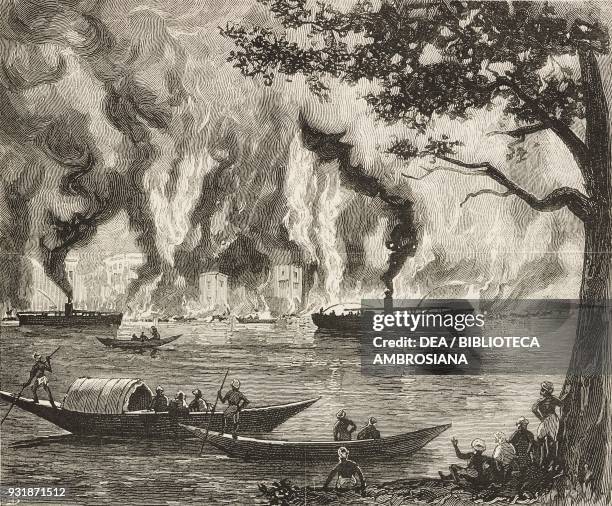 The kerosene burning on the river, the great fire on the Hooghly river, near Calcutta , India, illustration from the magazine The Graphic, volume...