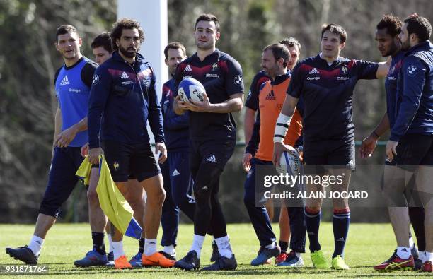France's rugby union national team players take part in a training session, on March 14, 2018 in Marcoussis, as part of the team's preparation for...
