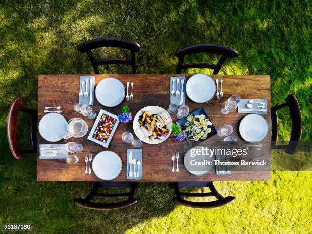 set dinner table outside on grass lawn - cubierto completo fotografías e imágenes de stock