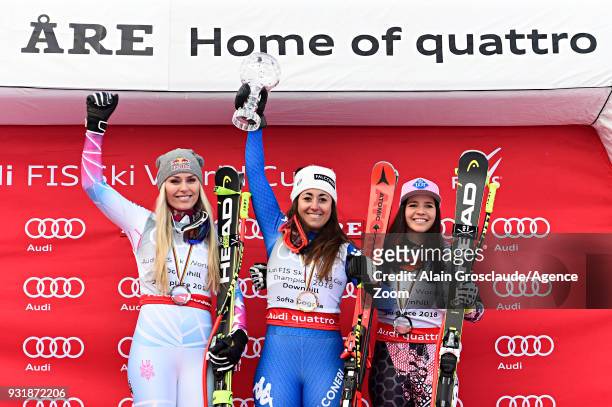 Lindsey Vonn of USA takes 2nd place, Sofia Goggia of Italy wins the globe in the women downhill standing, Tina Weirather of Liechtenstein takes 3rd...