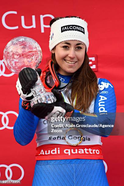 Sofia Goggia of Italy wins the globe in the women downhill standing during the Audi FIS Alpine Ski World Cup Finals Men's and Women's Downhill on...