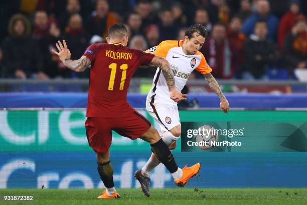 Roma v FC Shakhtar Donetsk : UEFA Champions League Round of 16 Second leg Aleksandar Kolarov of Roma and Andriy Pyatov of Shakhtar Donetsk at...