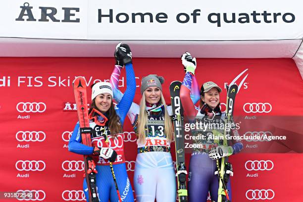 Sofia Goggia of Italy takes 2nd place, Lindsey Vonn of USA takes 1st place, Alice Mckennis of USA takes 3rd place during the Audi FIS Alpine Ski...