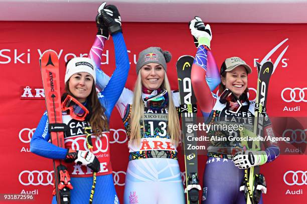 Sofia Goggia of Italy takes 2nd place, Lindsey Vonn of USA takes 1st place, Alice Mckennis of USA takes 3rd place during the Audi FIS Alpine Ski...