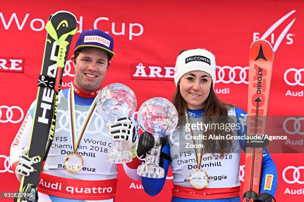 Beat Feuz of Switzerland wins the globe in the men downhill standing, Sofia Goggia of Italy wins the globe in the women downhill standing during the...