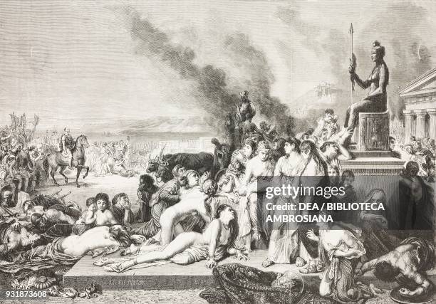 The last day of Corinth, painting by Tony Robert-Fleury , 1878 Paris Universal Exposition, France, engraving from L'Illustrazione Italiana, Year 5,...