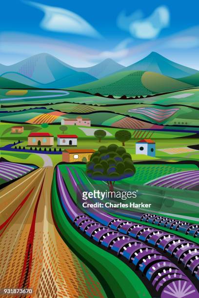 rural landscape with dirt road, fields and lavender farms - charles harker ストックフォトと画像
