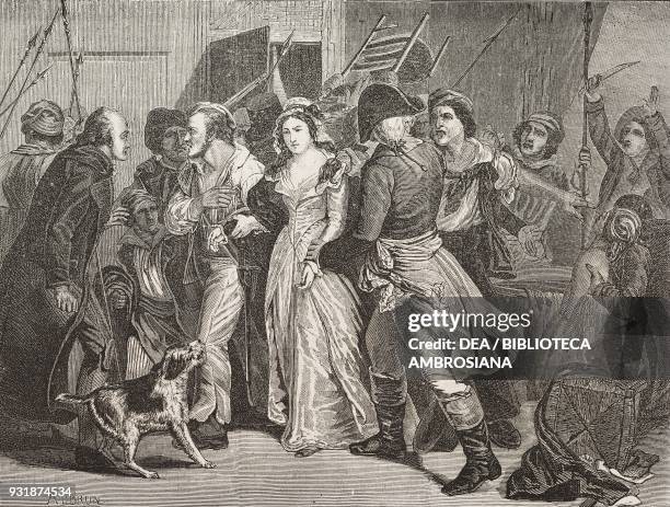 The revolutionary Charlotte Corday's arrest in Paris, supporter of the Girondins, French Revolution, from a painting by Henry Scheffer illustration...