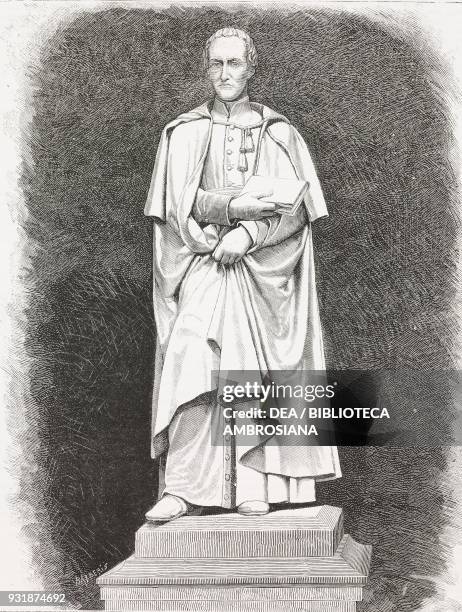 Monument to Antonio Rosmini , Italian philosopher and priest, statue by Vincenzo Consani Rovereto, Italy, engraving from a photograph by Barberis...