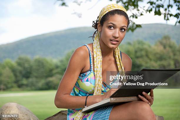 young woman sketching outdoors - manchester vermont stock pictures, royalty-free photos & images