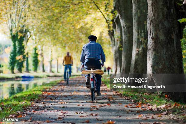 frenchman on bike with baguettes - barra de pan francés fotografías e imágenes de stock