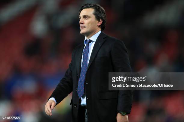 Sevilla coach Vincenzo Montella looks on during the UEFA Champions League Round of 16 Second Leg match between Manchester United and Sevilla FC at...