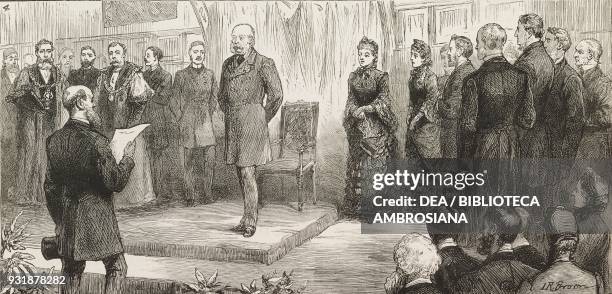 The Duke of Buckingham reading an address to the Duke of Cambridge, the opening ceremony of the International Health Exhibition at South Kensington,...