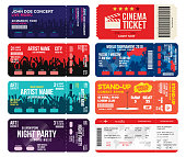 Concert, cinema, airline and football ticket templates. Collection of tickets mock up for entrance to different events. Creative tickets isolated on white background