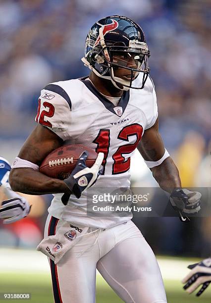 Jacoby Jones of the Houston Texans is pictured during the NFL game against the Indianapolis Colts at Lucas Oil Stadium on November 8, 2009 in...