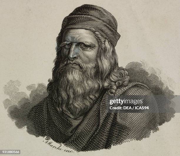 Portrait of Leonardo da Vinci , Italian engineer, painter and scientist, engraving by Marchi.